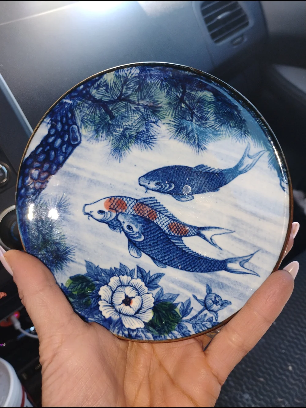 Vintage Decorative Koi Fish Ceramic Plate - Blue & White
